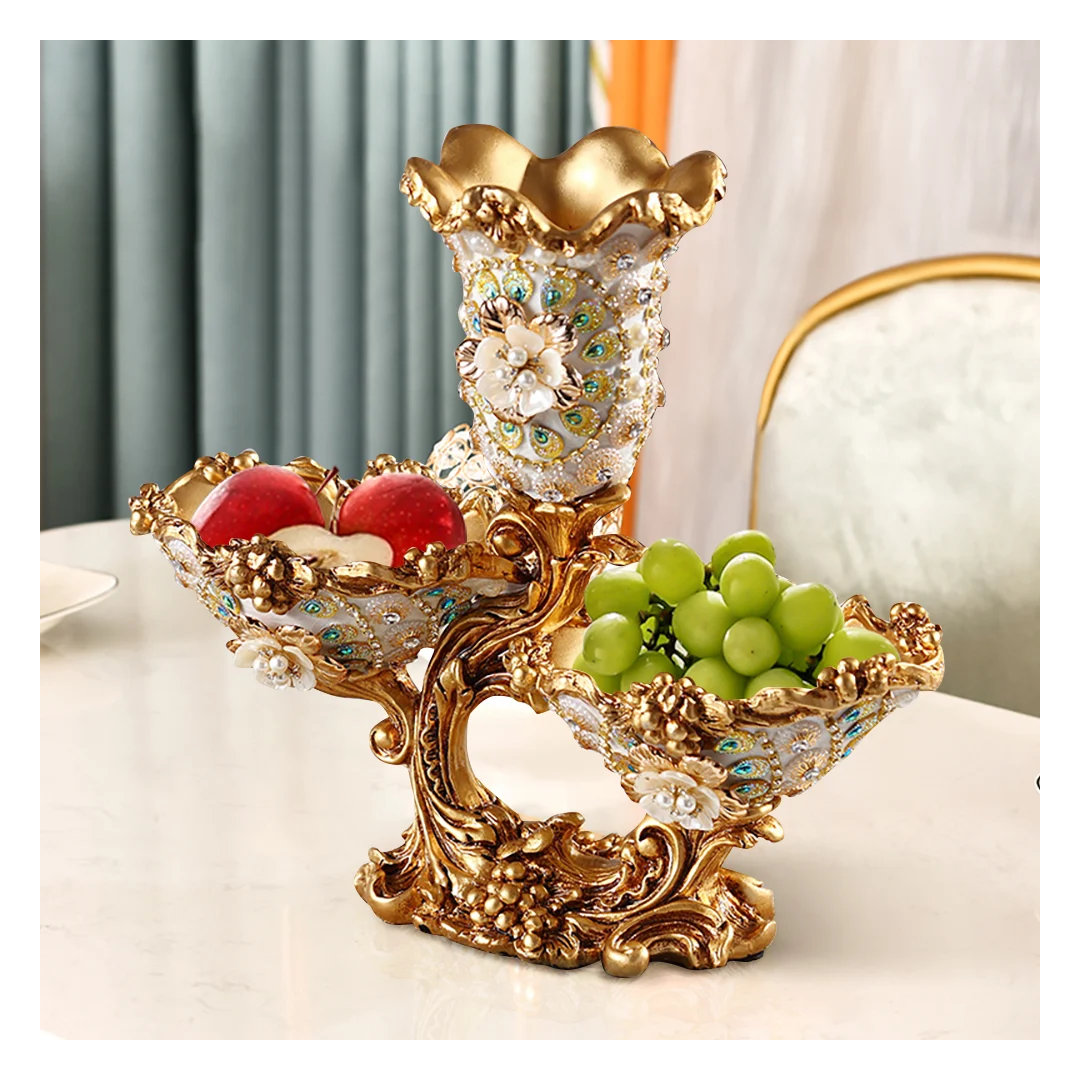 Shinely 2 Tiered Gold & White Fruit Basket Plate with Vase Resin Snack Tray Decor